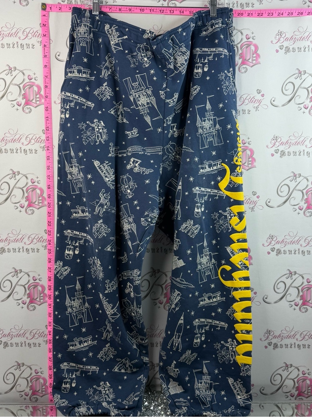 Disney 100 pants rare sweatpants Navy Castle Print Lounge Pants Yellow Script
